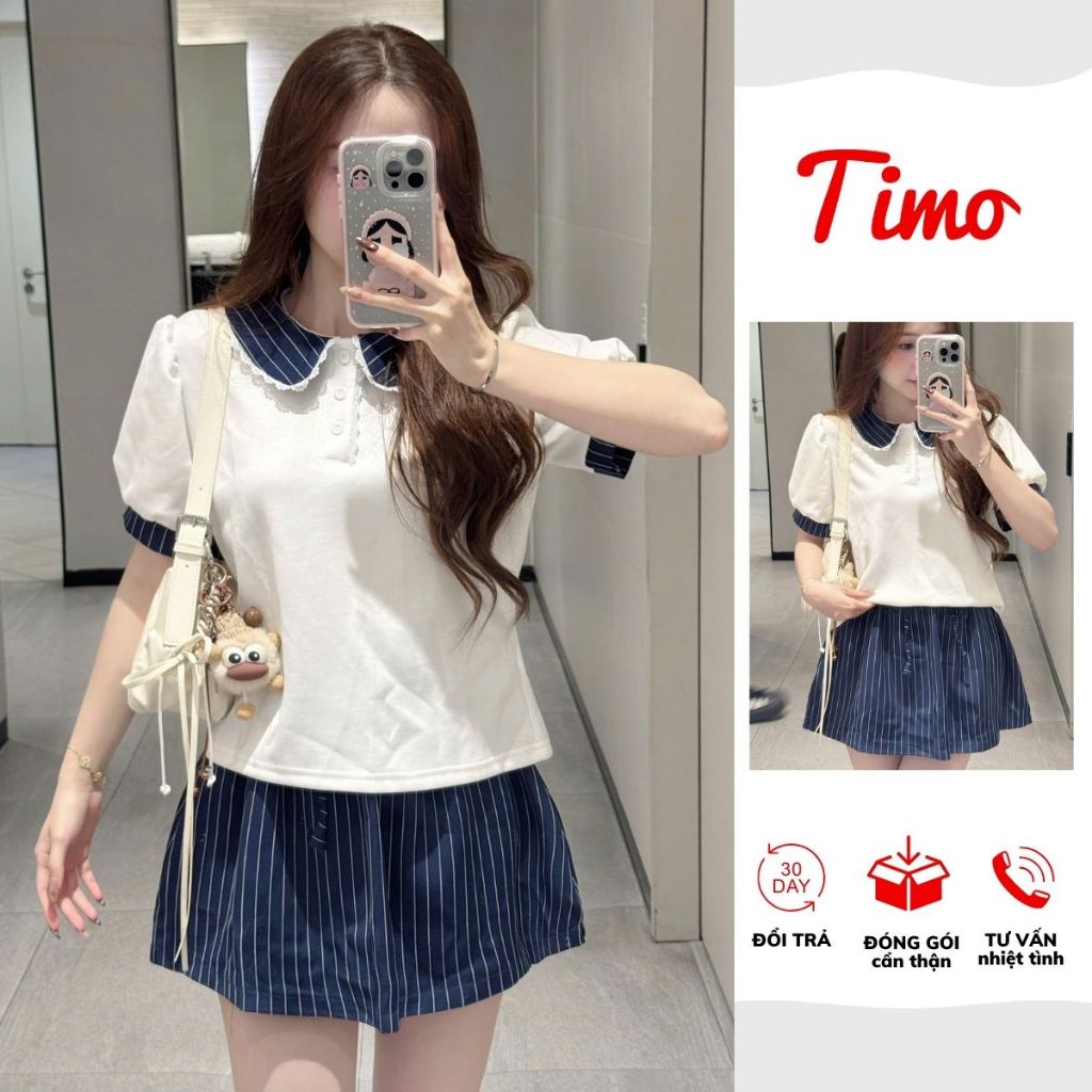 Set áo cổ sen tay bồng viền ren kèm chân váy kẻ sọc chữ A tôn dáng (kèm quà tặng) SET02 | BigBuy360 - bigbuy360.vn