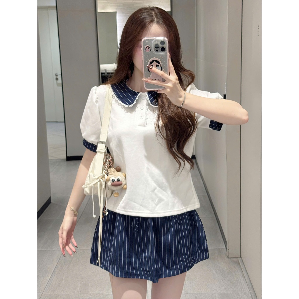 Set áo cổ sen tay bồng viền ren kèm chân váy kẻ sọc chữ A tôn dáng (kèm quà tặng) SET02 | BigBuy360 - bigbuy360.vn
