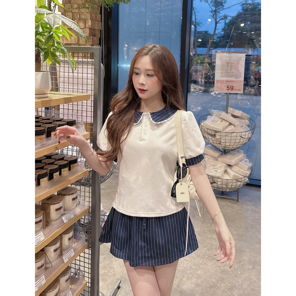Set áo cổ sen tay bồng viền ren kèm chân váy kẻ sọc chữ A tôn dáng (kèm quà tặng) SET02 | BigBuy360 - bigbuy360.vn