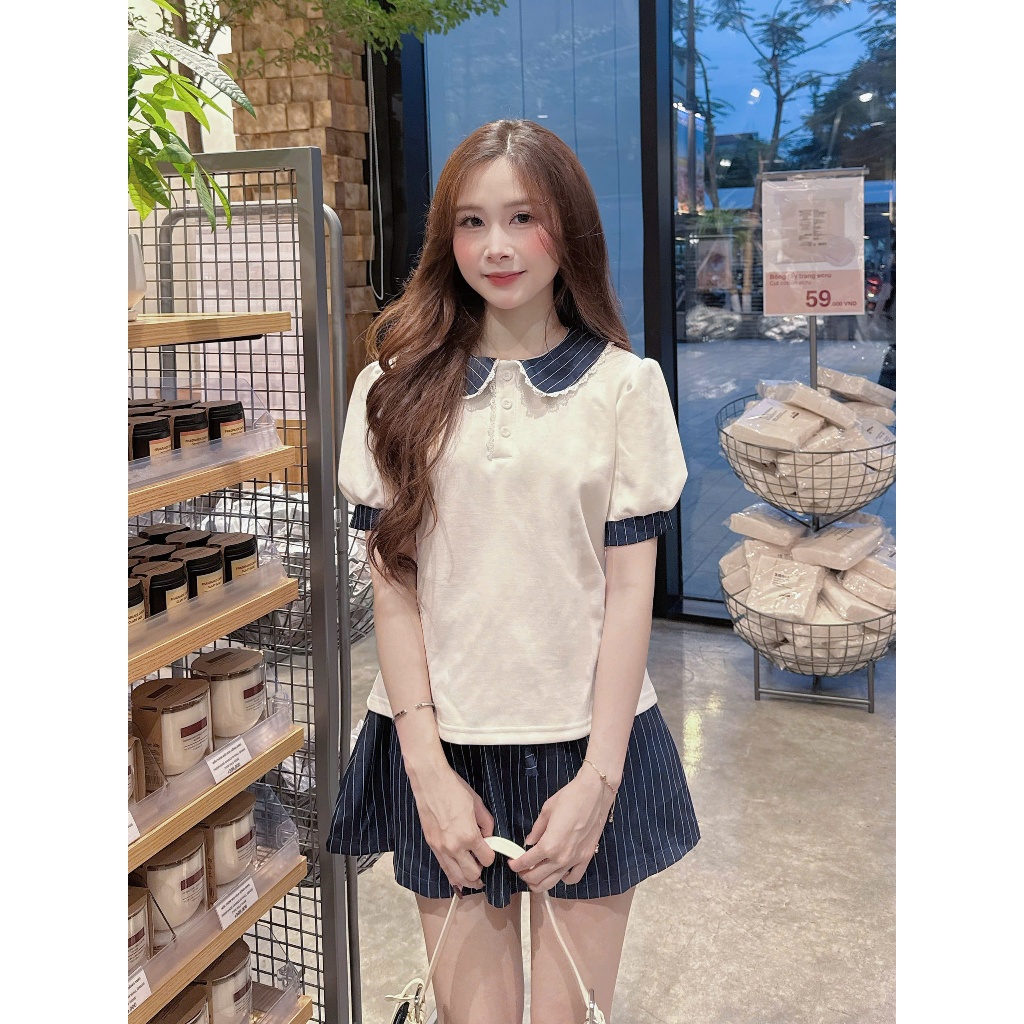 Set áo cổ sen tay bồng viền ren kèm chân váy kẻ sọc chữ A tôn dáng (kèm quà tặng) SET02 | BigBuy360 - bigbuy360.vn