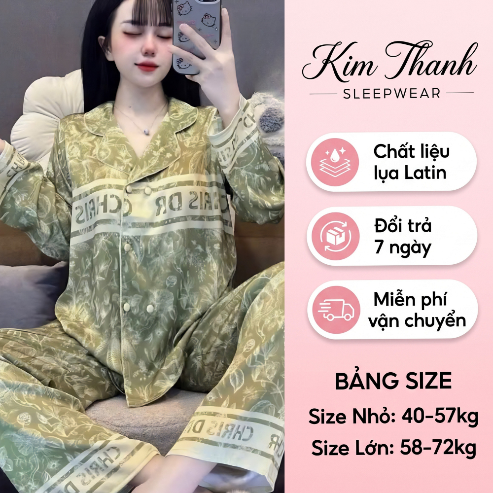 Pijama Cổ Vest Y4 Kim Thanh - Lụa Latin Tay Dài Nút Bọc Mềm Mịn Thoáng Mát Mặc Nhà Size 40-75kg