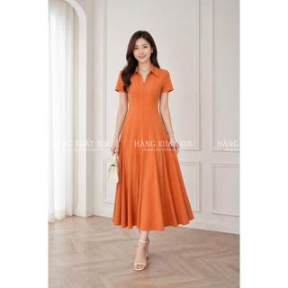 Đầm váy midi TMY cổ sơ mi kéo khóa phối gân hàng xuất dư xịn, vải thun mềm co giãn