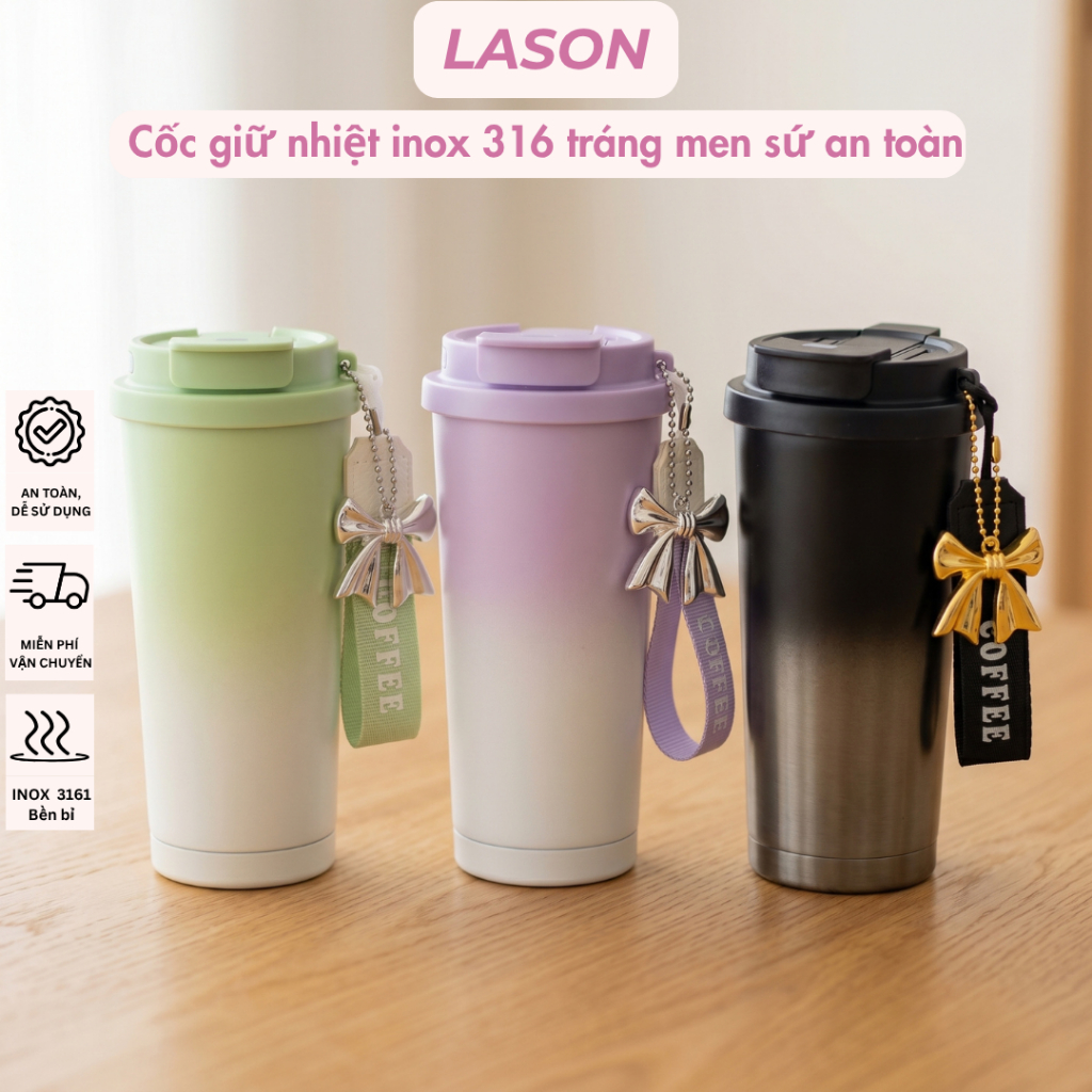 Cốc giữ nhiệt Lason, cốc Matcha Latte giữ nhiệt 10-12 tiếng, inox 316 tráng men sứ an toàn
