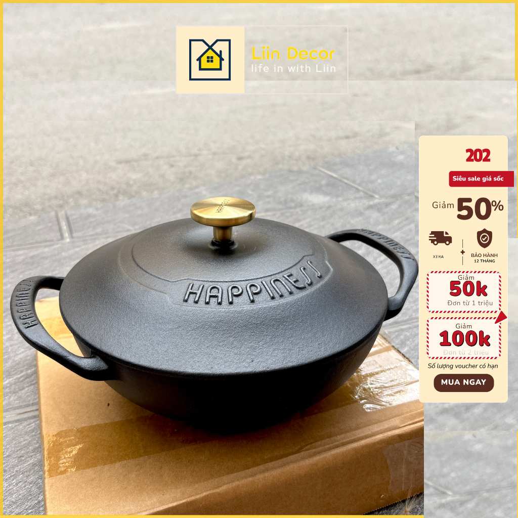 Nồi gang happiness kho thịt cá, nồi gang nguyên khối chống dính dùng được trên bếp từ LIINDECOR_Kho 