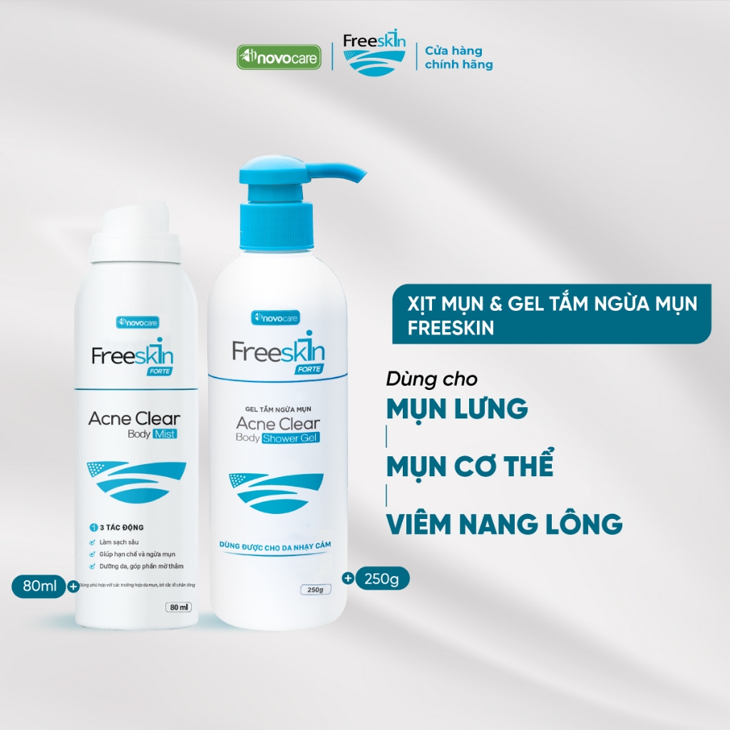 [ LIVE ] Xịt mụn lưng & Gel tắm ngừa mụn Novocare-Freeskin Forte hỗ trợ giảm mụn, mờ thâm, dưỡng sán