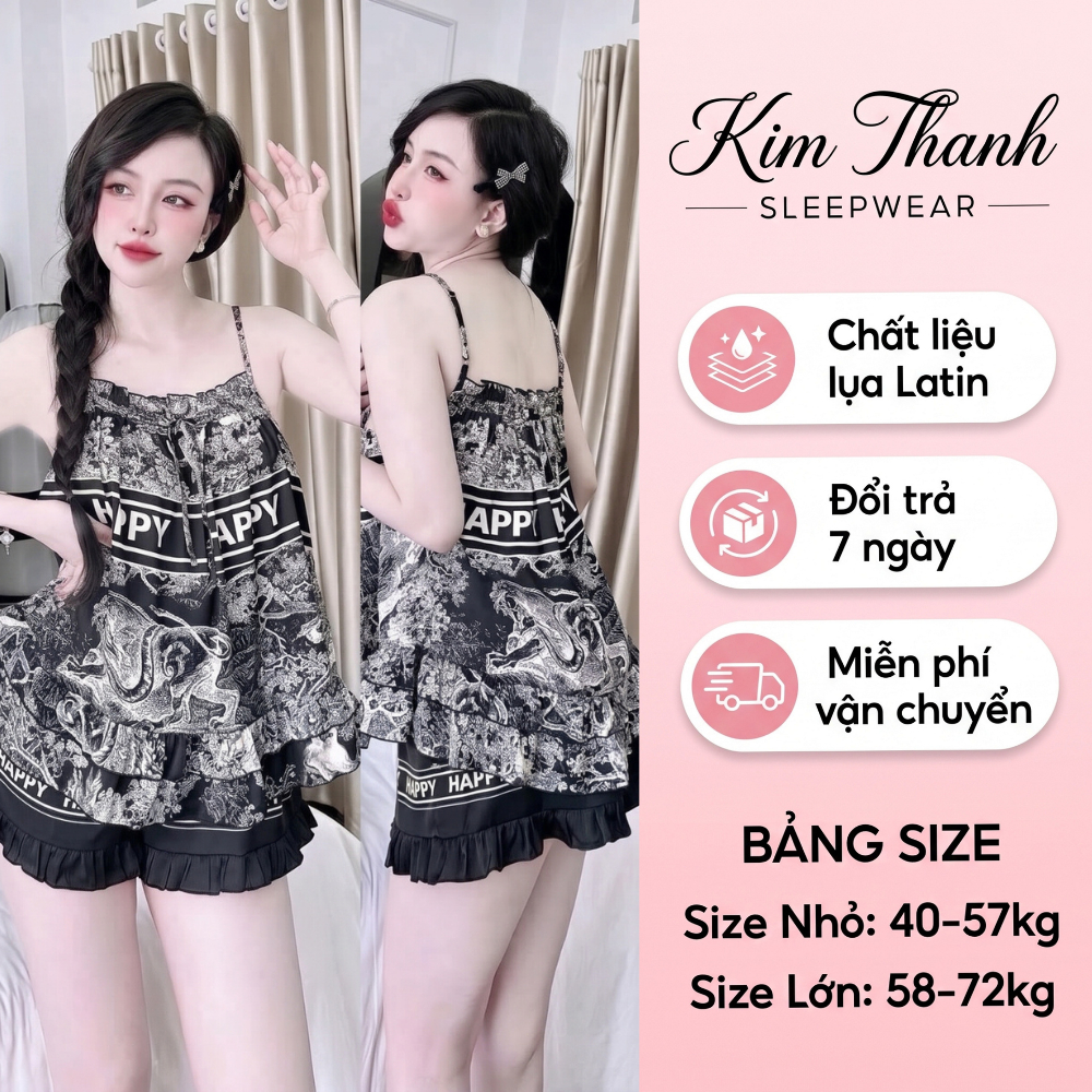 Pijama 2 Dây Lụa Latin L2 Kim Thanh - Short Bông Bèo Xếp Li Mặc Nhà Mát Mịn Họa Tiết Size 40-75kg