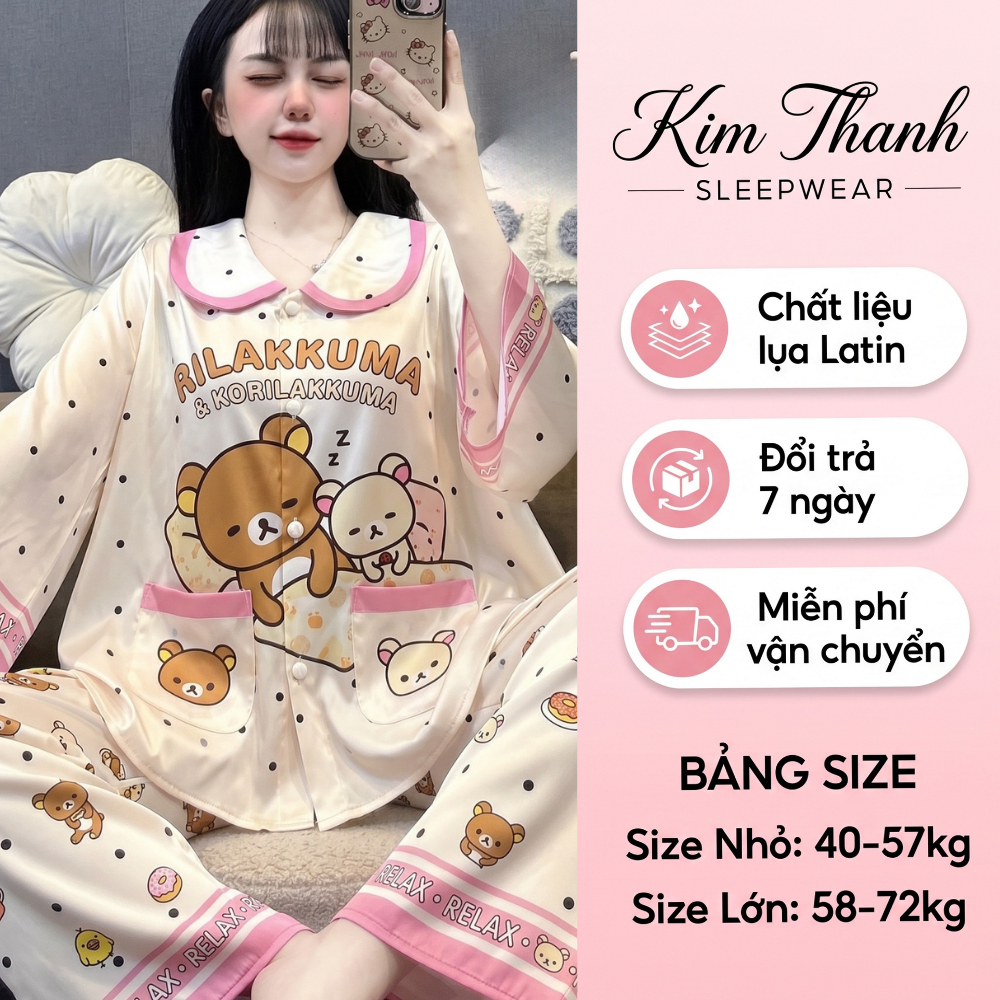 Đồ Ngủ Cổ Sen Q5 Kim Thanh - Pijama Lụa Latin Tay Dài Mát Mịn Hình In Sắc Nét Size 40-75kg