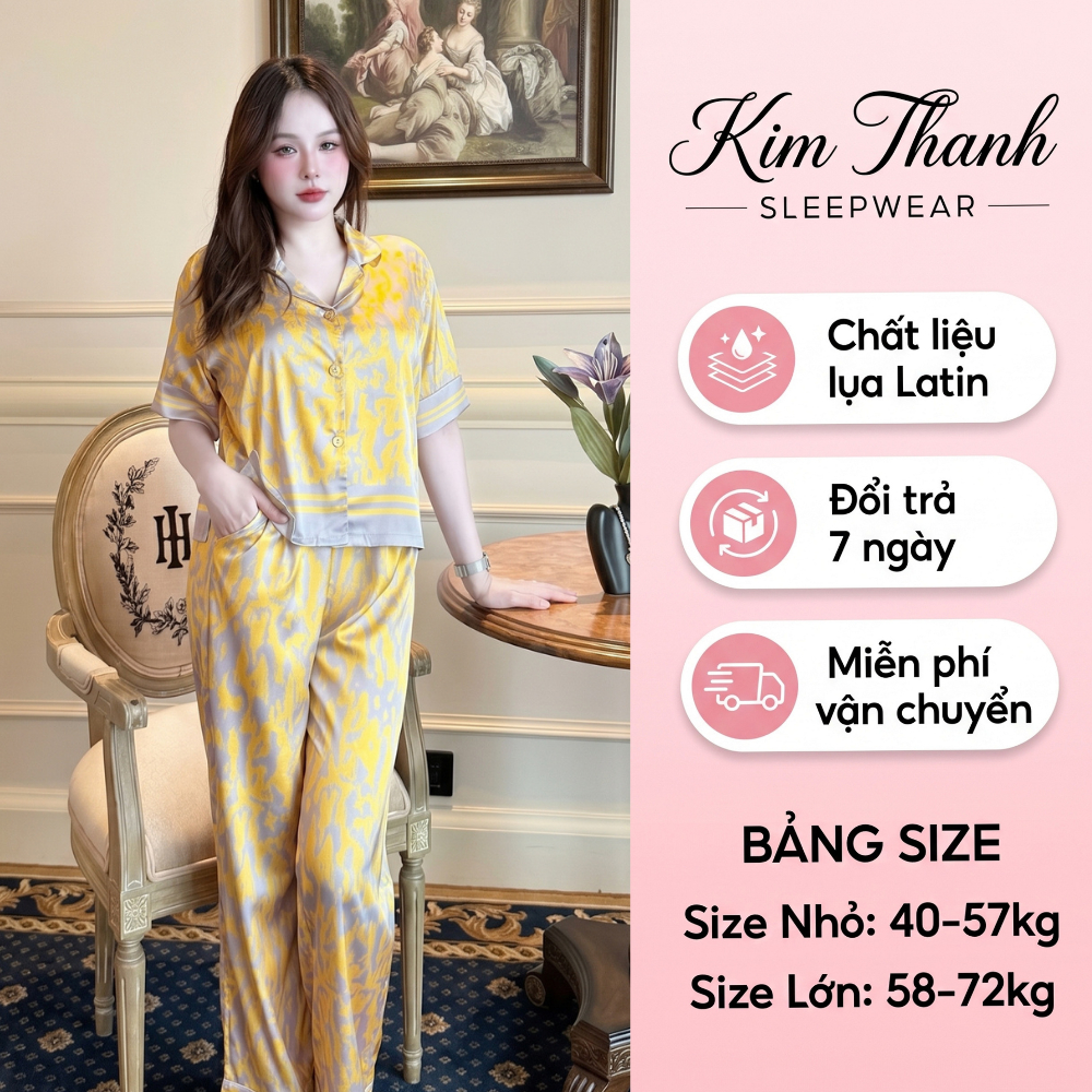 Bộ Ngủ Croptop Q7 Kim Thanh - Pijama Lụa Latin Tay Dài Lưng Chun Mát Mịn Trẻ Trung Size 40-75kg