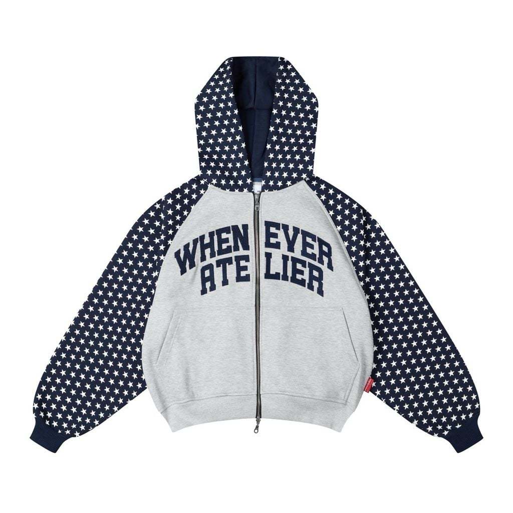 "WHENEVER" Áo Hoodie Whenever Atelier Star Raglan Vải Nỉ Form Boxy Unisex/ Grey Navy