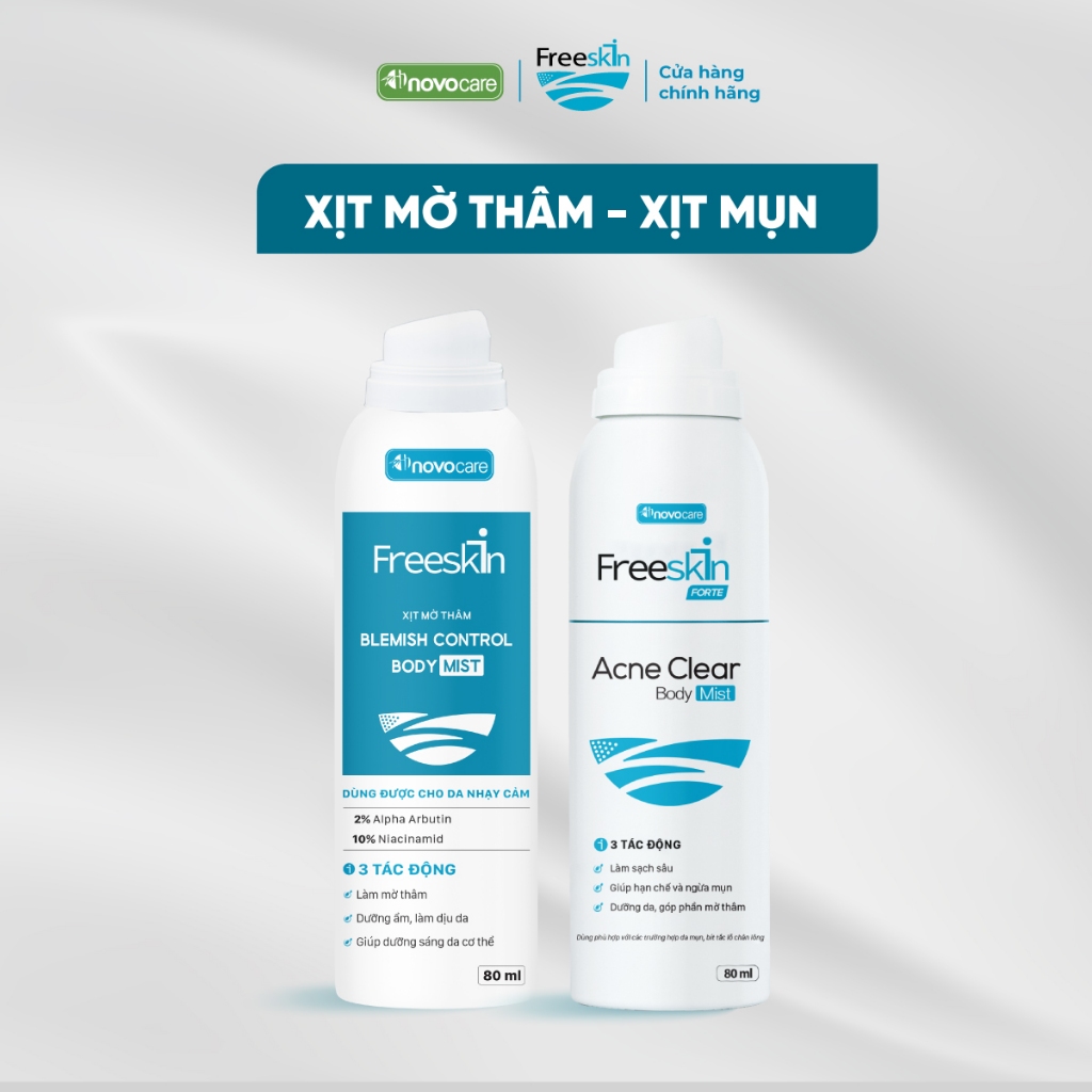 Combo Xịt mụn lưng, viêm nang lông & Xịt mờ thâm mụn lưng Novocare - Freeskin hỗ trợ giảm mụn, giảm 