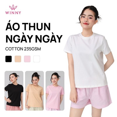 Áo thun WINNY cotton co giãn basic tay ngắn form vừa, áo thun tôn dáng cotton 235gsm - 1HACT26001N