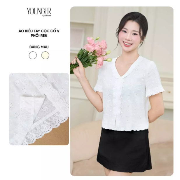 Áo kiểu nữ YOUNGER BY CARDINA tay cộc cổ V phối ren 5YAKC14