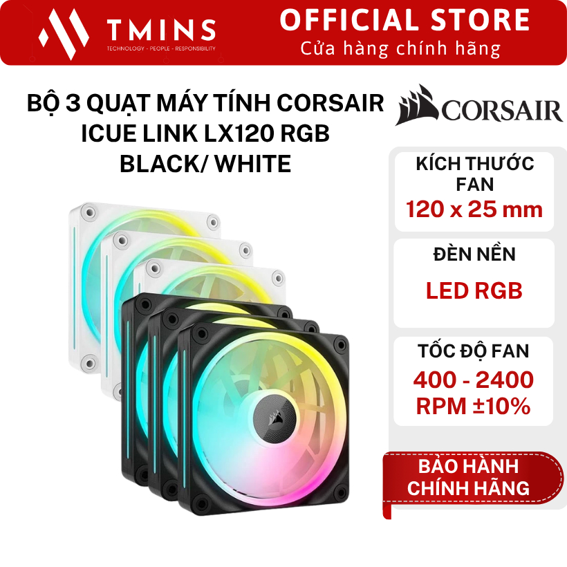 Bộ 3 quạt máy tính Corsair iCUE LINK LX120 RGB Black/ White - Hàng chính hãng