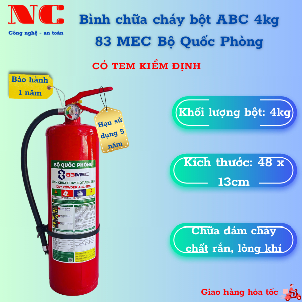 Bình chữa cháy 83MEC ABC 4kg CÓ TEM KIỂM ĐỊNH, bình chữa cháy 4kg Bộ Quốc Phòng, bình cứu hoả 83MEC 
