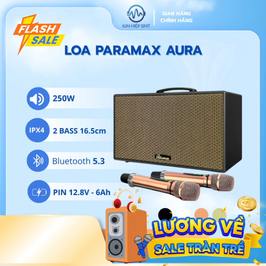 PARAMAX Aura Loa Karaoke Di Động DSP Kép 32bit Class-D TI 2 Micro UHF Bluetooth 5.3 HDMI ARC