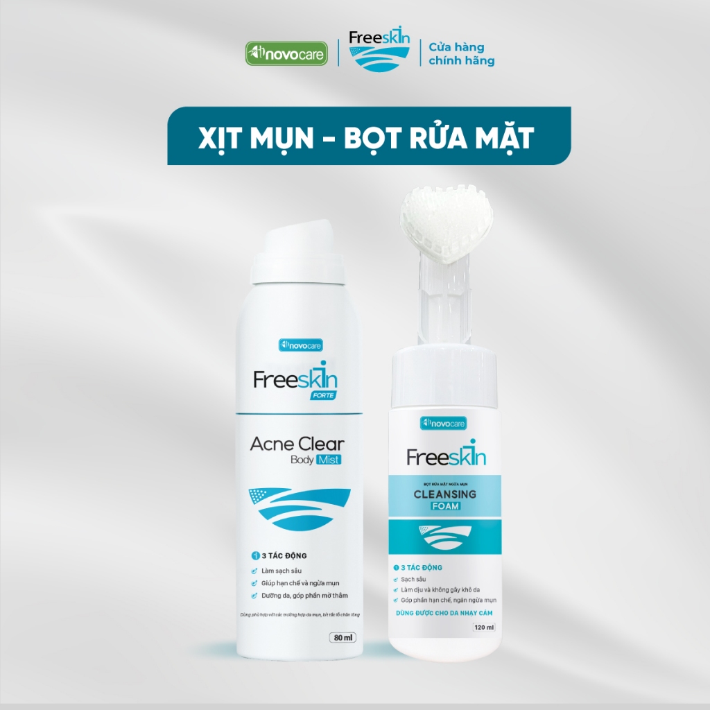 Combo Xịt mụn Acne Clear Body Mist 80ml & Bọt rửa mặt ngừa mụn Cleansing Foam 120ml Novocare - Frees