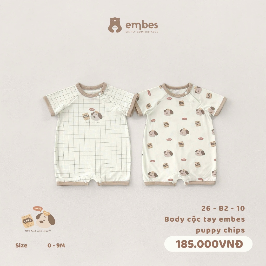 Body Sơ Sinh Embes, Body Cộc Tay In Họa Tiết Puppy Chips Chất Cotton Mềm Cho Bé Sơ Sinh Từ 0-9 Tháng