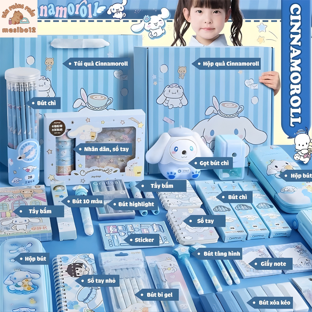 Bộ Văn Phòng Phẩm Cinnamoroll & Melody - Bộ Dụng Cụ Học Tập Bút Thước Sổ Hộp Bút Quà Tặng Cho Bé