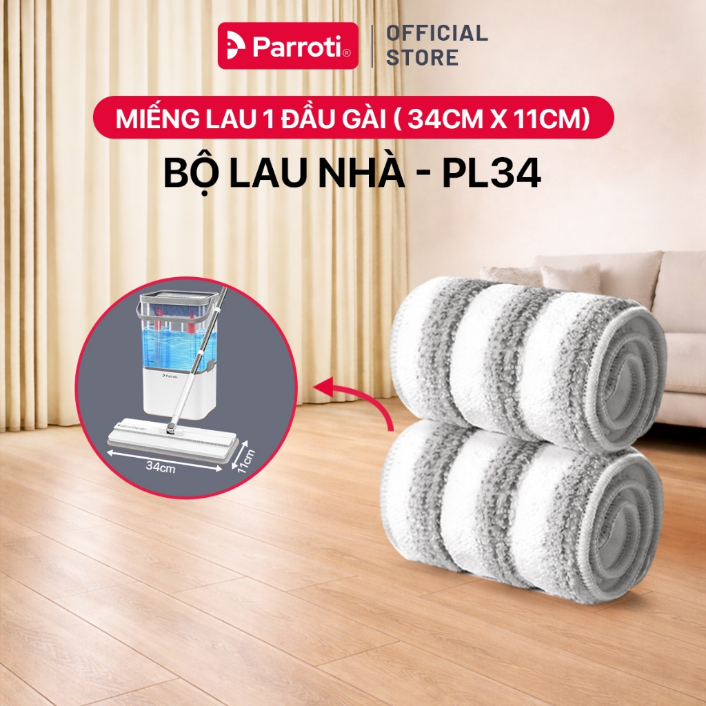 Combo 2 miếng lau 34x11cm Sợi Microfiber, Miếng Lau 1 Đầu Gài Dùng Cho Bộ Lau Nhà Tách Nước - Parrot
