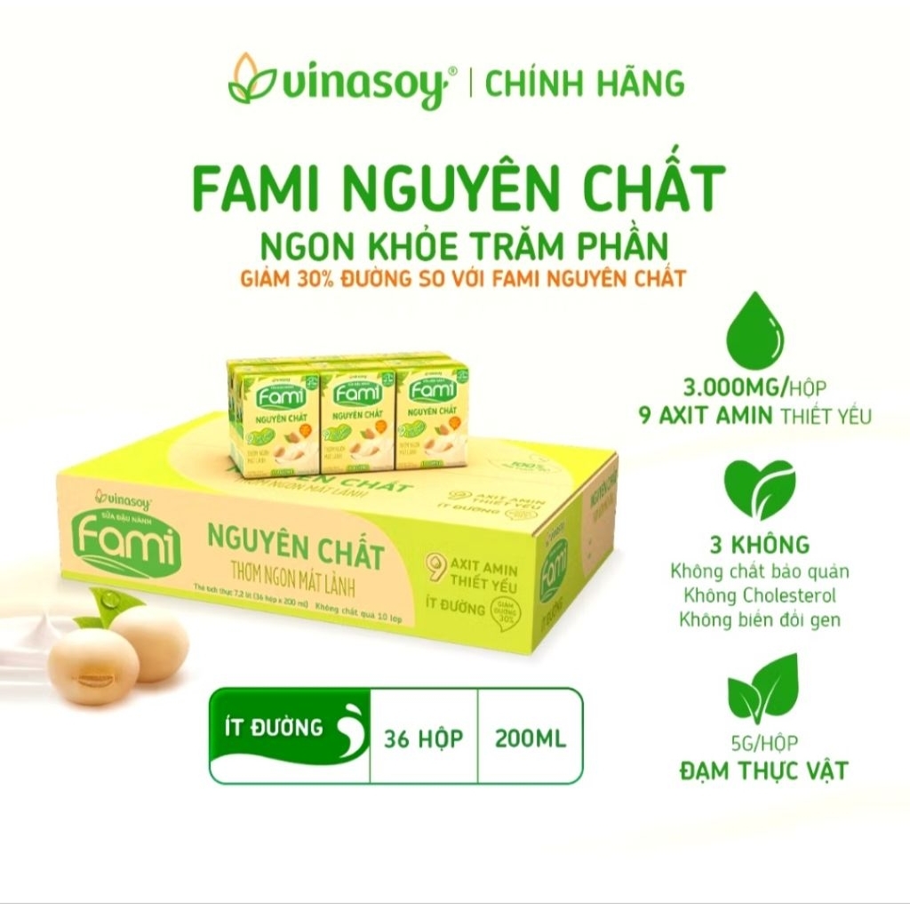 1 Thùng Sữa Đậu Nành Fami Nguyên Chất Ít Đường (36 hộp × 200ml)