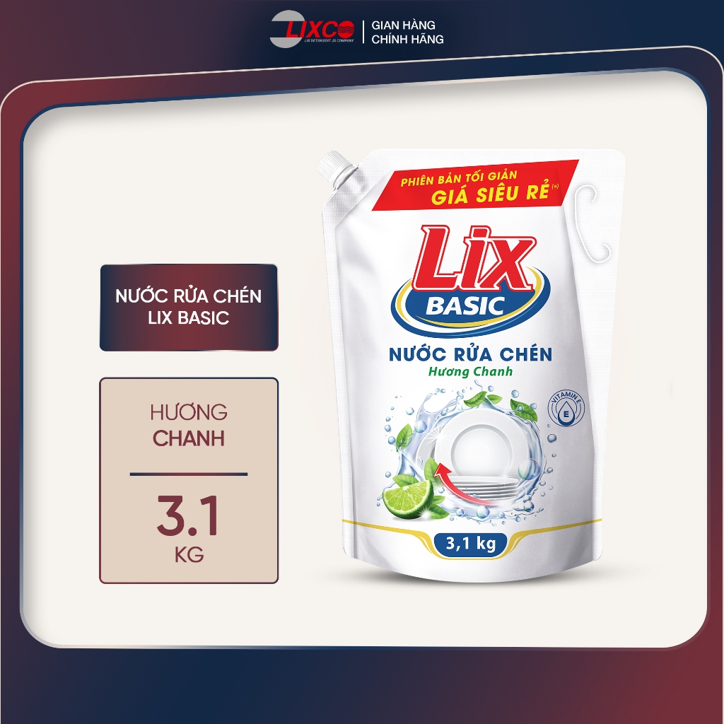 Nước rửa chén Lix Basic hương chanh 3.1kg - dịu nhẹ da tay, dùng lâu tiết kiệm 00347