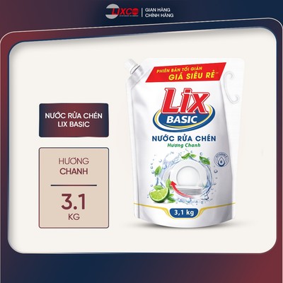 Nước rửa chén Lix Basic hương chanh 3.1kg - dịu nhẹ da tay, dùng lâu tiết kiệm 00347