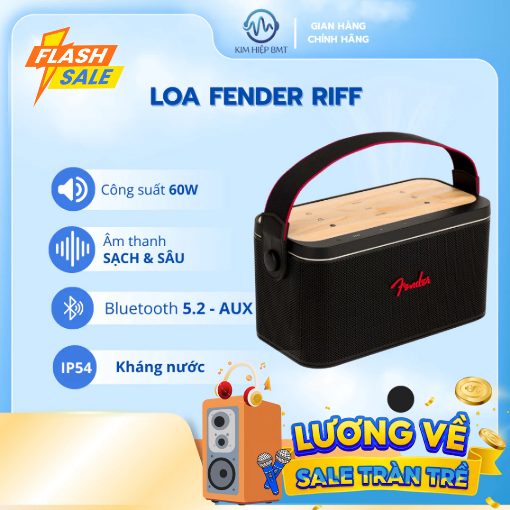 Fender Riff Loa Bluetooth 60W amply guitar aux Chính Hãng Bass sâu Pin 30H Kháng Nước IP54 Bảo Hành 