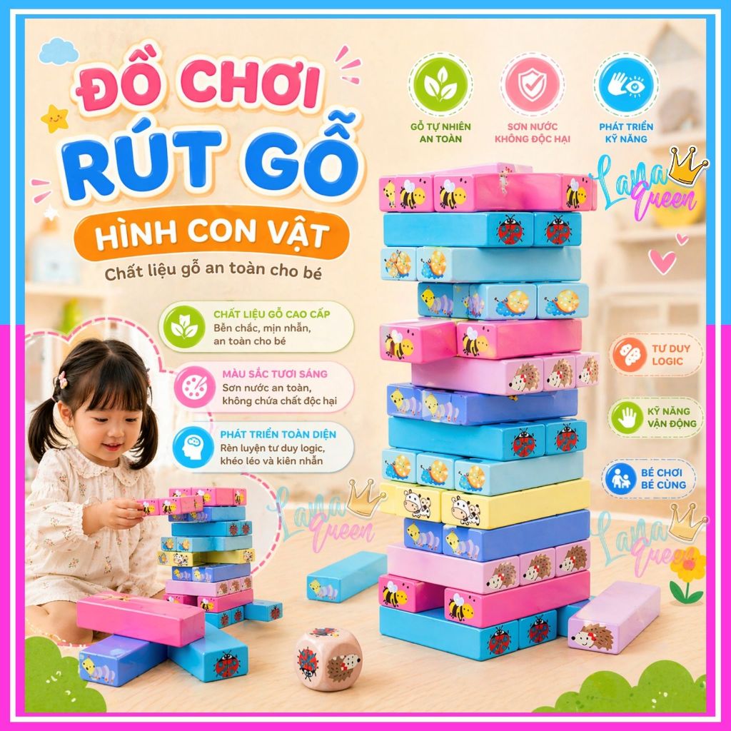 Đồ Chơi Rút Gỗ 51 Thanh Nhiều Màu Hình Con Vật - Đồ Chơi Thông Minh Lana Queen