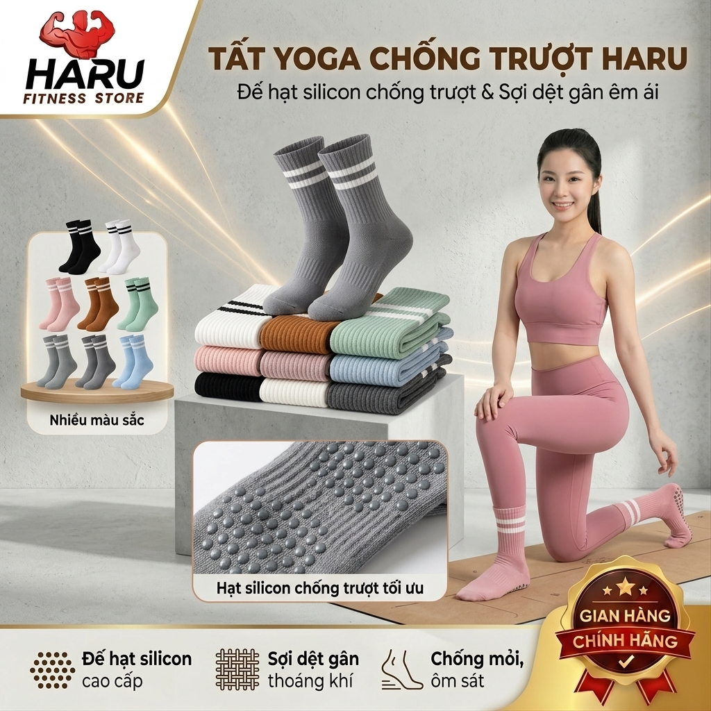 Tất Yoga Chống Trượt Cổ Cao Silicon HARU - Vớ Pilates Gym Thoáng Khí Bám Dính Đa Màu HR23