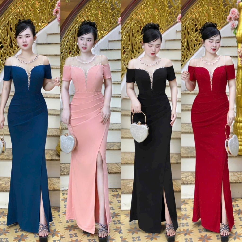 Váy dạ hội đô lưới kết cườm dáng dài body đầm dự tiệc dạ hội