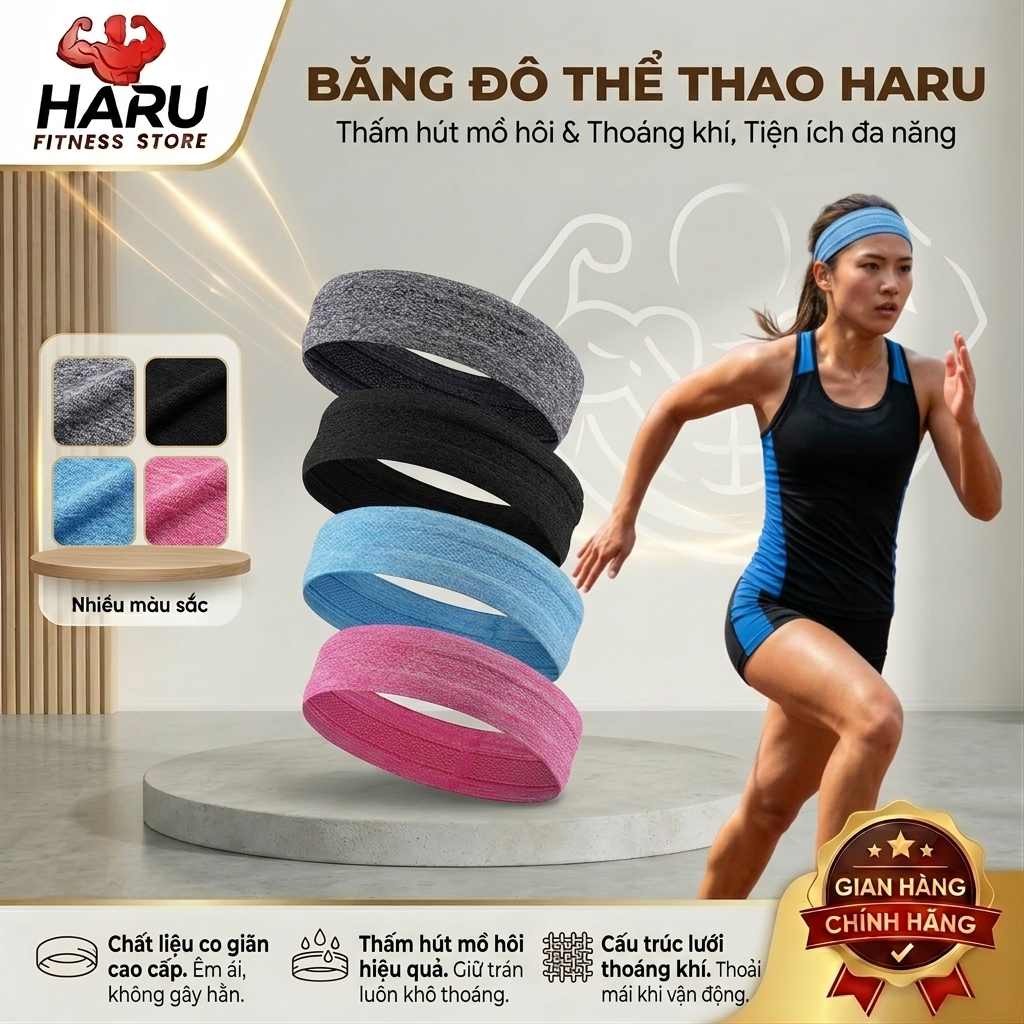 Băng Đô Thể Thao HARU Thấm Hút Mồ Hôi Tốt - Co Giãn Thoáng Khí, Chạy Bộ, Cầu Lông, Yoga, Chạy Bộ, Đạ