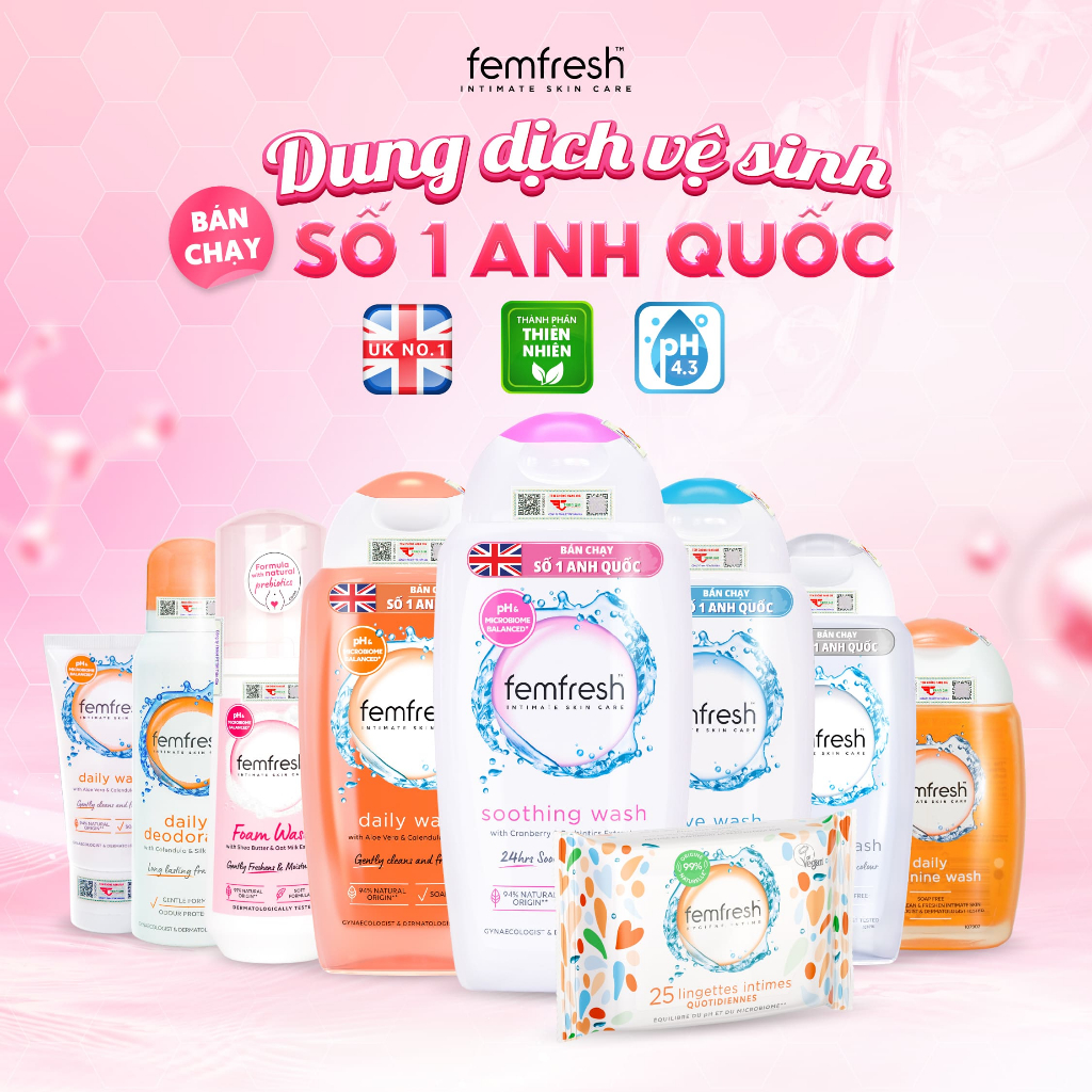 Dung Dịch Vệ Sinh Phụ Nữ Số 1 Anh Quốc Femfresh. Dung dịch vệ sinh làm sạch dưỡng ẩm dịu nhẹ cho vùn
