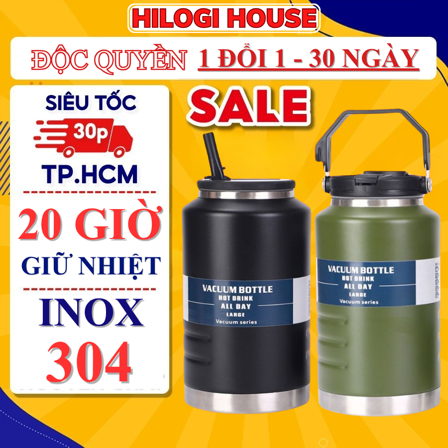 Bình giữ nhiệt 2000ml HiLOGI, bình nước inox giữ nhiệt 2L lớn béo to, miệng rộng nắp ống hút