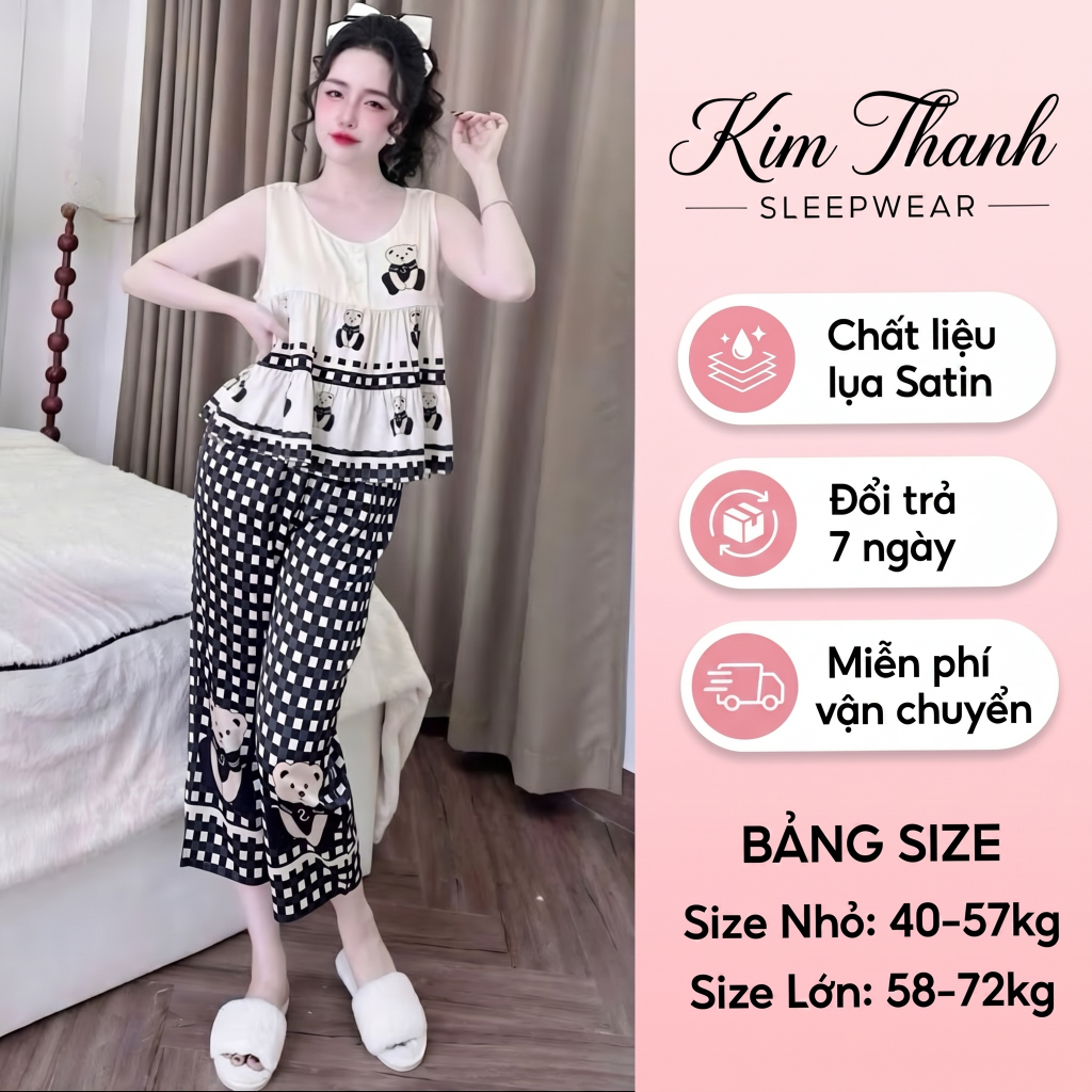 Bộ Pijama Sát Nách Q4 Kim Thanh - Lụa Latin Short Bông Lửng 9 Tấc Mát Mịn Họa Tiết Sắc Nét Size 40-75kg