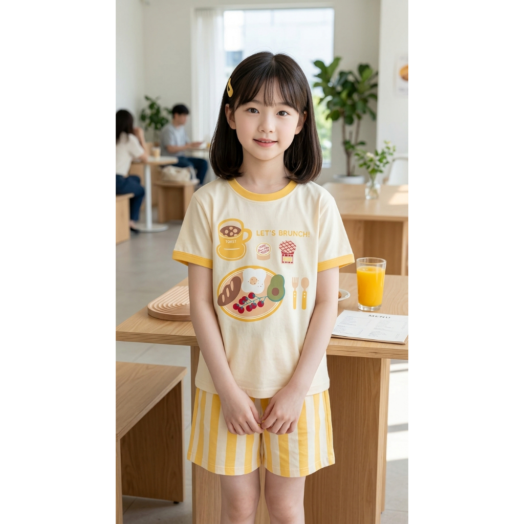( 9 - 25kg )Sét bộ cộc tay mùa hè cho bé gái in hình Brunch quần kẻ đáng yêu chất liệu cotton BỘ Bru
