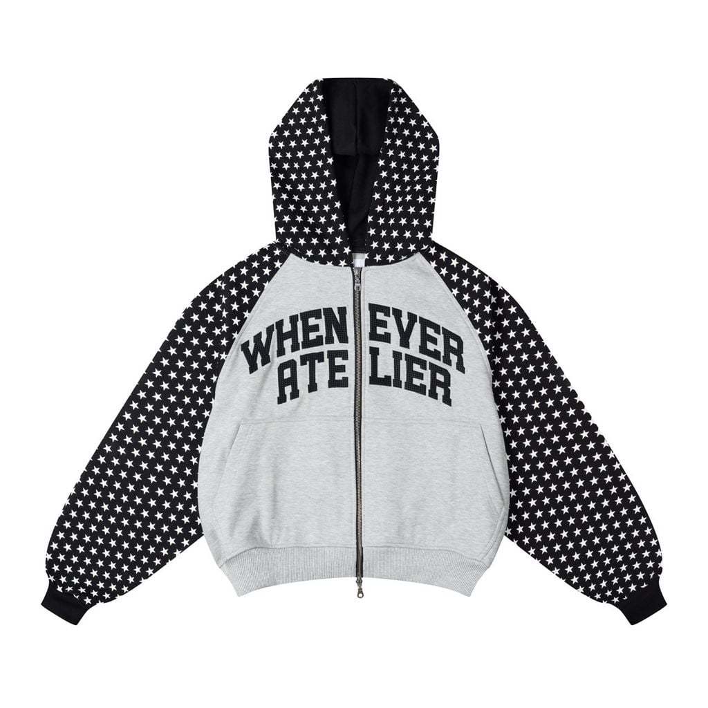"WHENEVER" Áo Hoodie Zip Whenever Atelier Star Raglan Vải Nỉ Form Boxy Unisex/ Grey Black