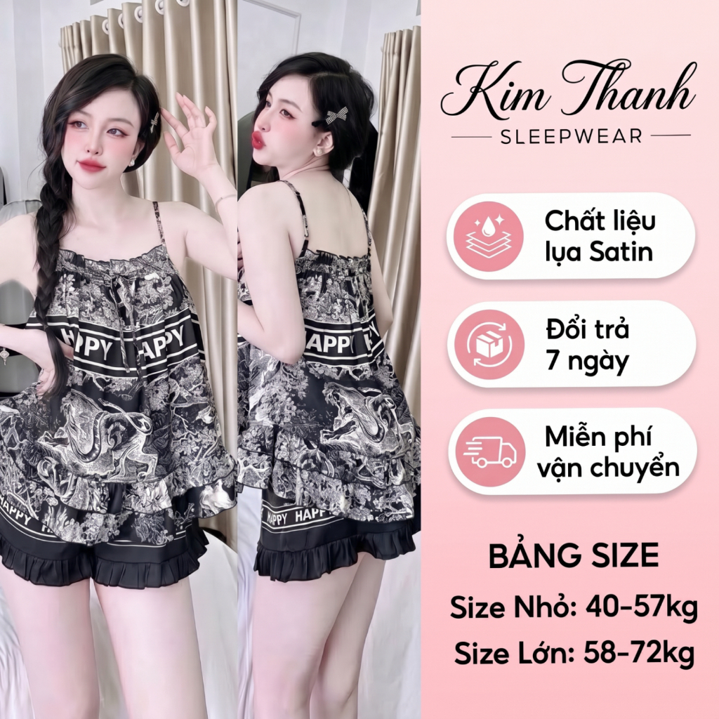 Pijama 2 Dây Lụa Latin L2 Kim Thanh - Short Bông Bèo Xếp Li Mặc Nhà Mát Mịn Họa Tiết Size 40-75kg