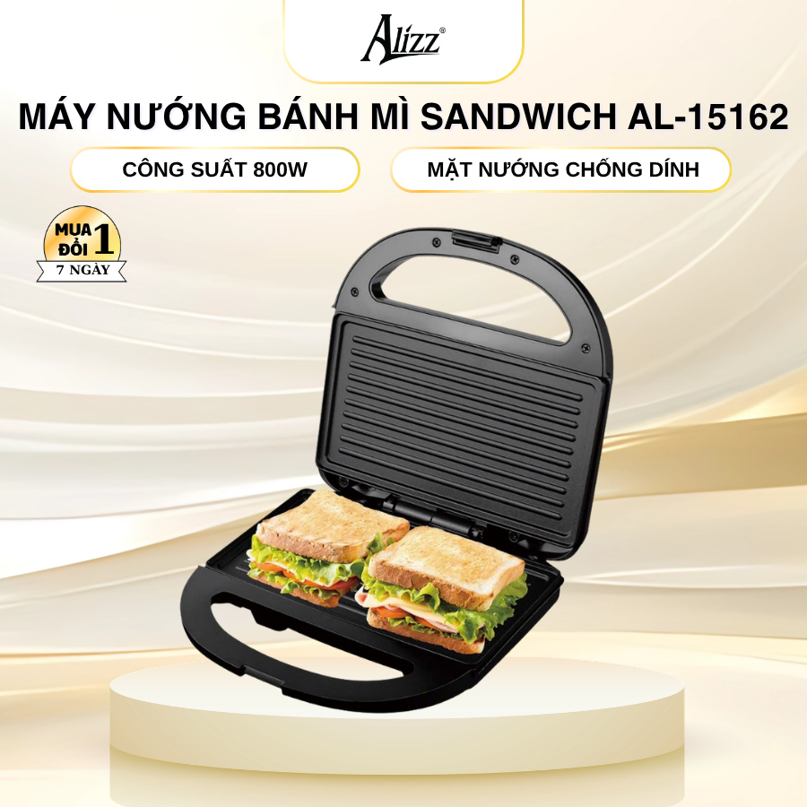 Máy Nướng Bánh Mì Sandwich 800W Máy Kẹp Bánh Mì Nướng Thịt Chống Dính Alizz 15162