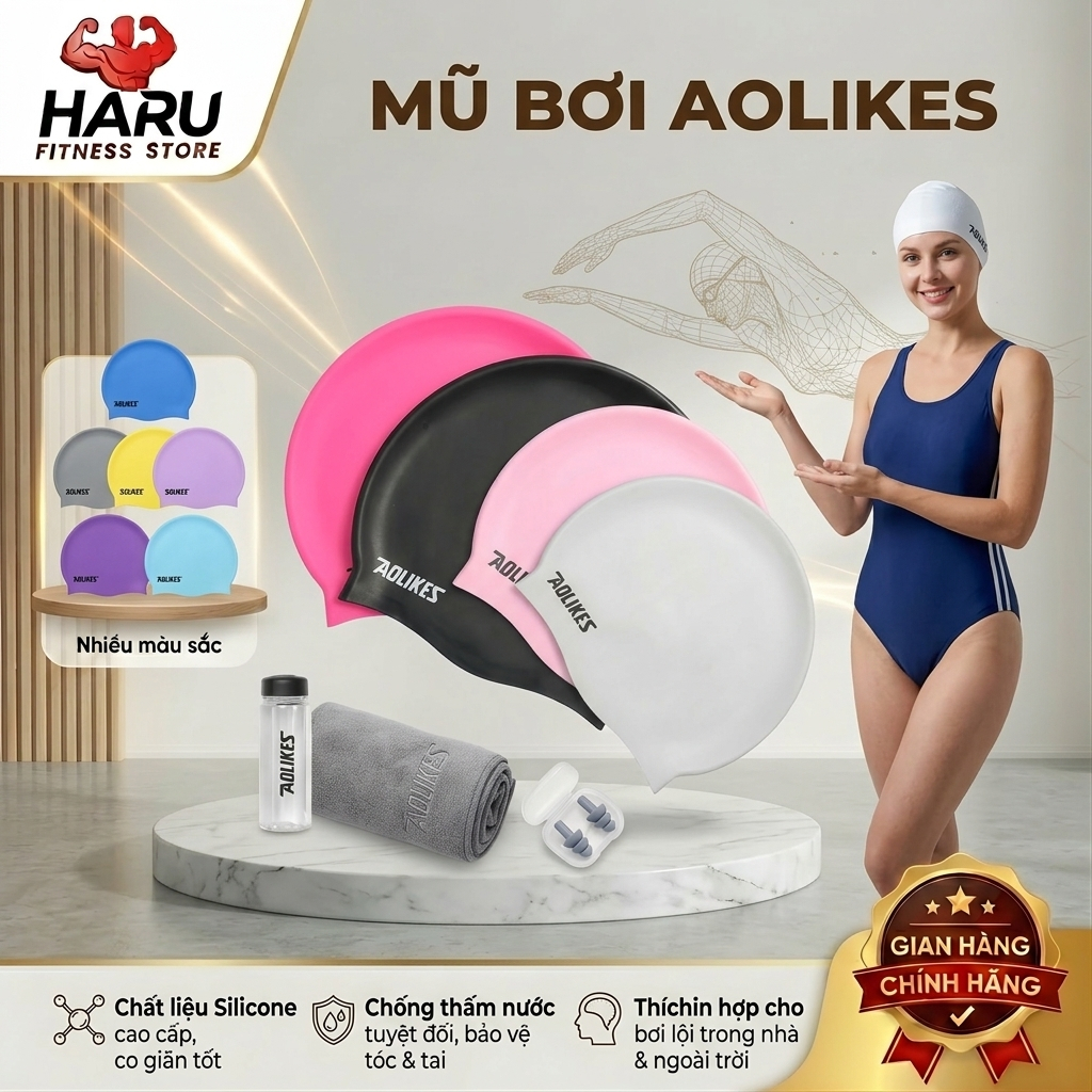 Mũ Bơi Aolikes HARU Silicon Cao Cấp - Bảo Vệ Tóc Chống Nước, Thiết Kế Thời Trang, Ôm Đầu Co Giãn HR36