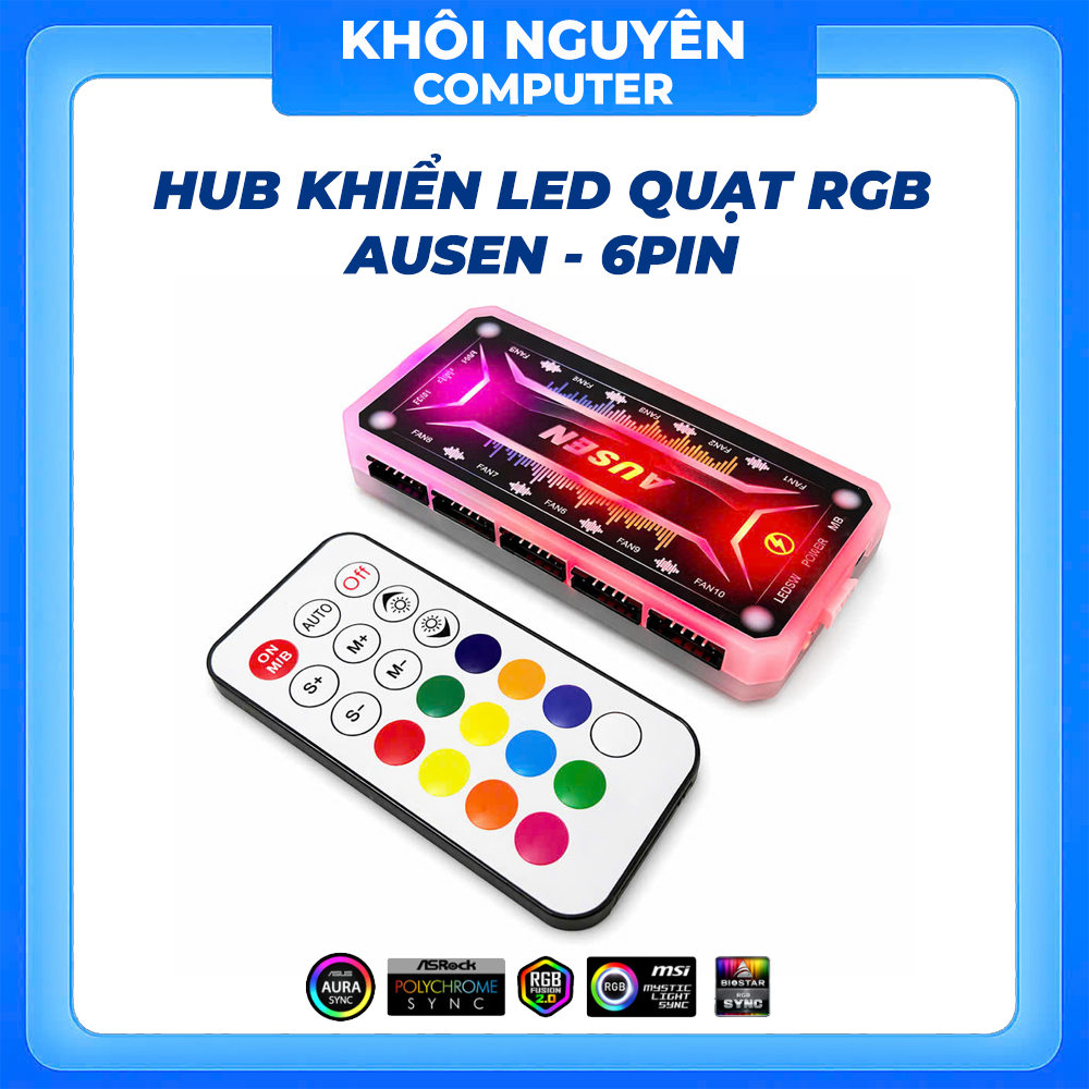 Hub Điều Khiển LED Ausen 6Pin RGB Cho Quạt Tản Nhiệt, Bộ Hub Sync Đèn PC, Điều Khiển Từ Xa