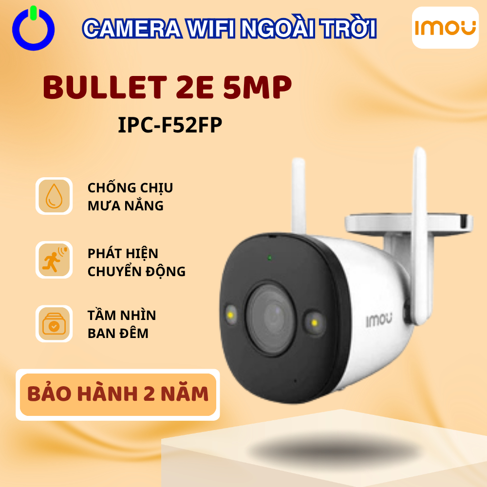 Camera IMOU Wifi Ngoài Trời BULLET 2E F52FP 5MP Hồng Ngoại Có Màu Đêm Phát Hiện Người Bảo Hành 2 Năm