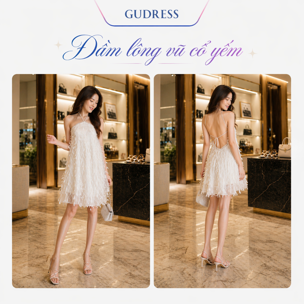 Đầm lông vũ cổ yếm cực xinh, đầm ninh dương lan ngọc