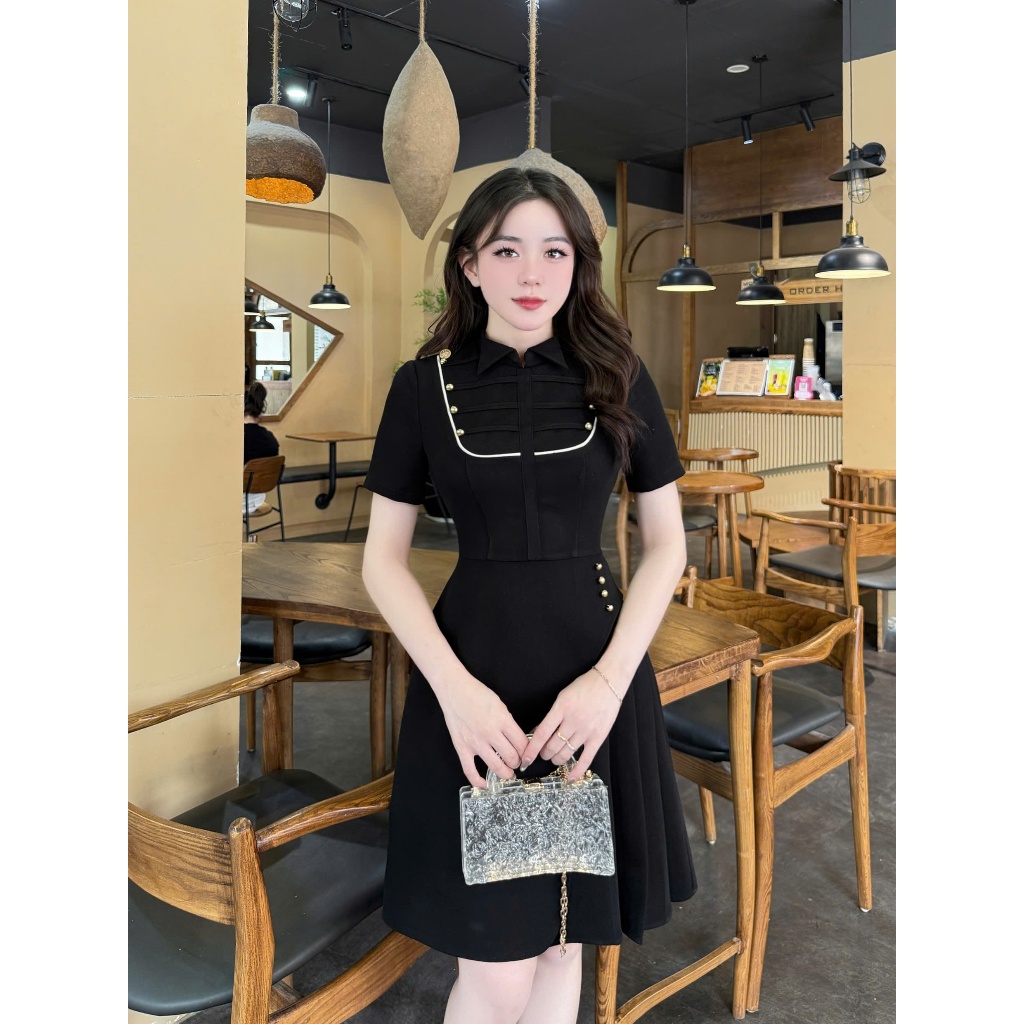 TY104 - Váy Thiết Kế Evii dành cho nữ, Đầm thiết kế cổ cách điệu, dáng A ngắn phối xếp ly