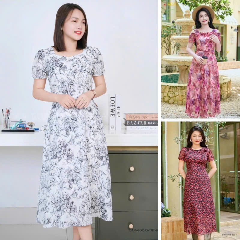 Đầm xòe họa tiết nữ cao cấp GDA COLLECTION chất cát lụa mềm mịn, nhẹ mát, co dãn nhẹ, không bai, khô