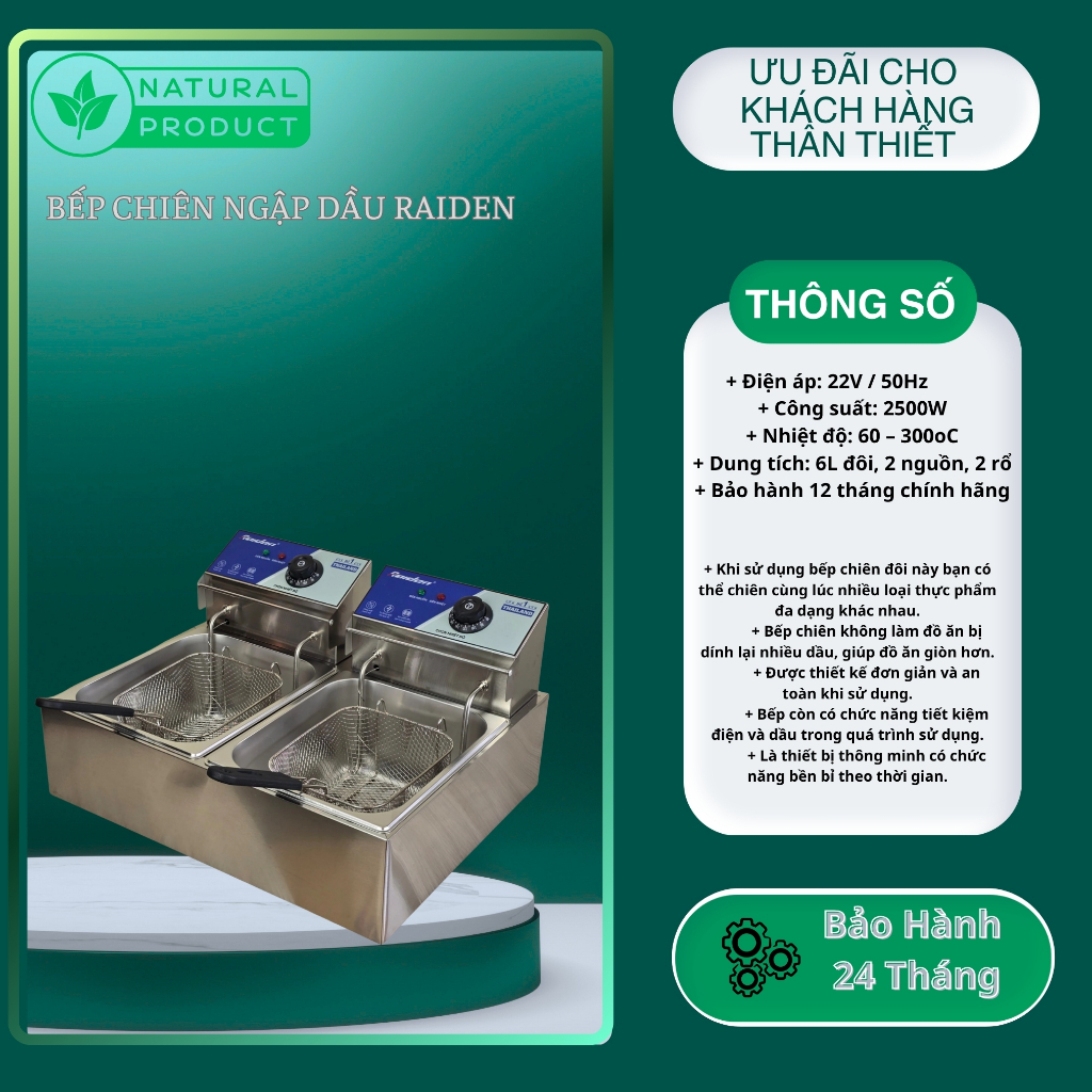 Nồi chiên nhúng ngập dầu, bếp chiên nhúng 12L đôi 6L + 6L Raiden, bảo hành 12 tháng