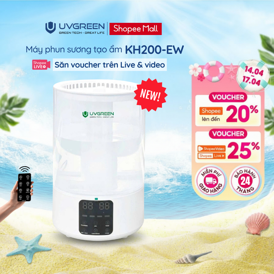 [Mới]Máy Phun Sương Tạo Ẩm UVGREEN KH200 | Xông Tinh Dầu, Dung tích 5 Lít, Diệt Khuẩn, Tạo Sương Mịn
