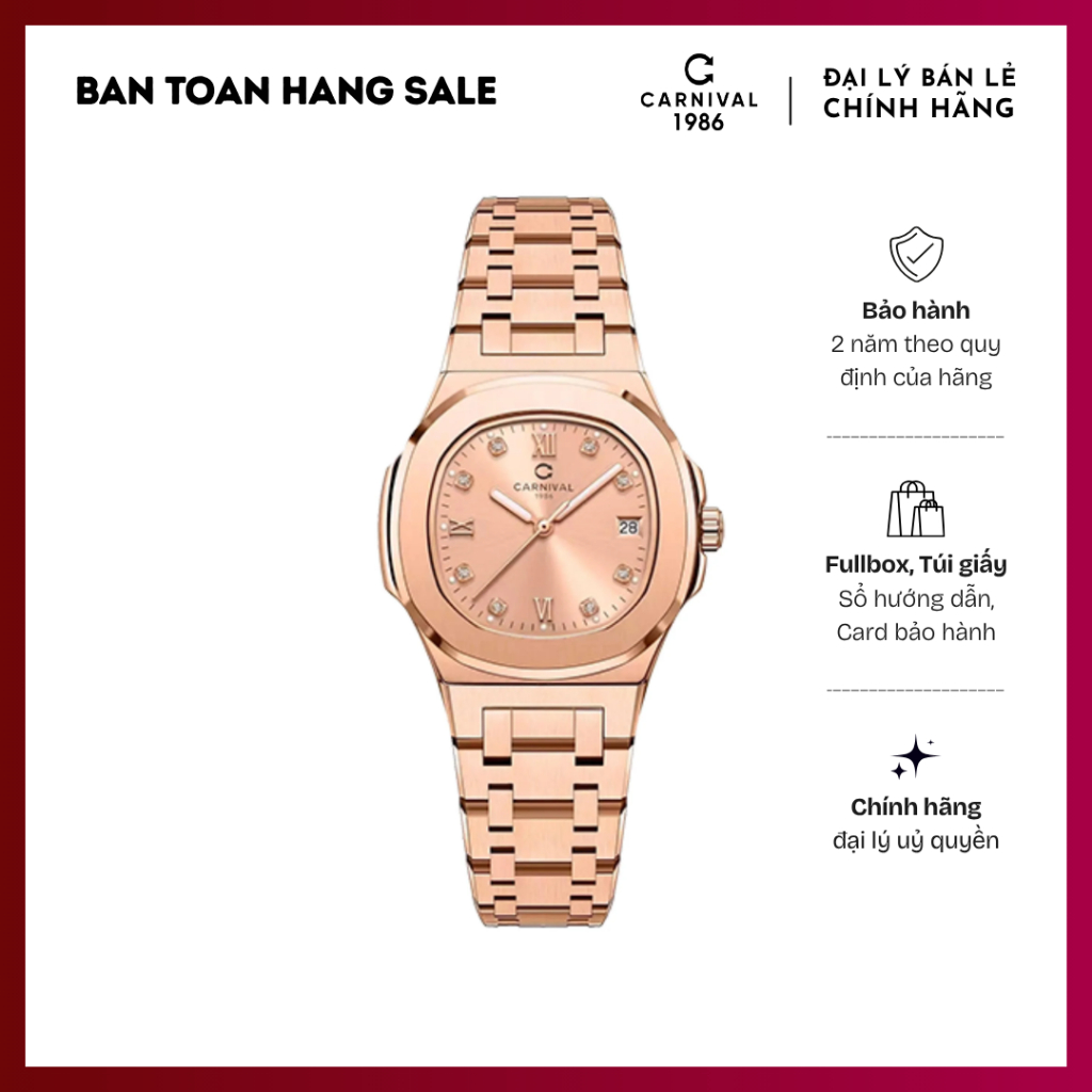 Đồng hồ Nữ Carnival, size 34mm, mặt nâu cá hồi, 8160L-VH-NN, dây thép Rose Gold không gỉ, kháng nước