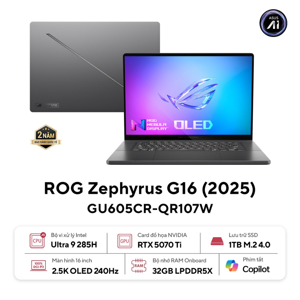 Laptop ASUS ROG Zephyrus G16 GU605CR-QR107W (Ultra 9 285H | RTX 5070 Ti 12GB | 32GB | 1TB | 16' WQXG