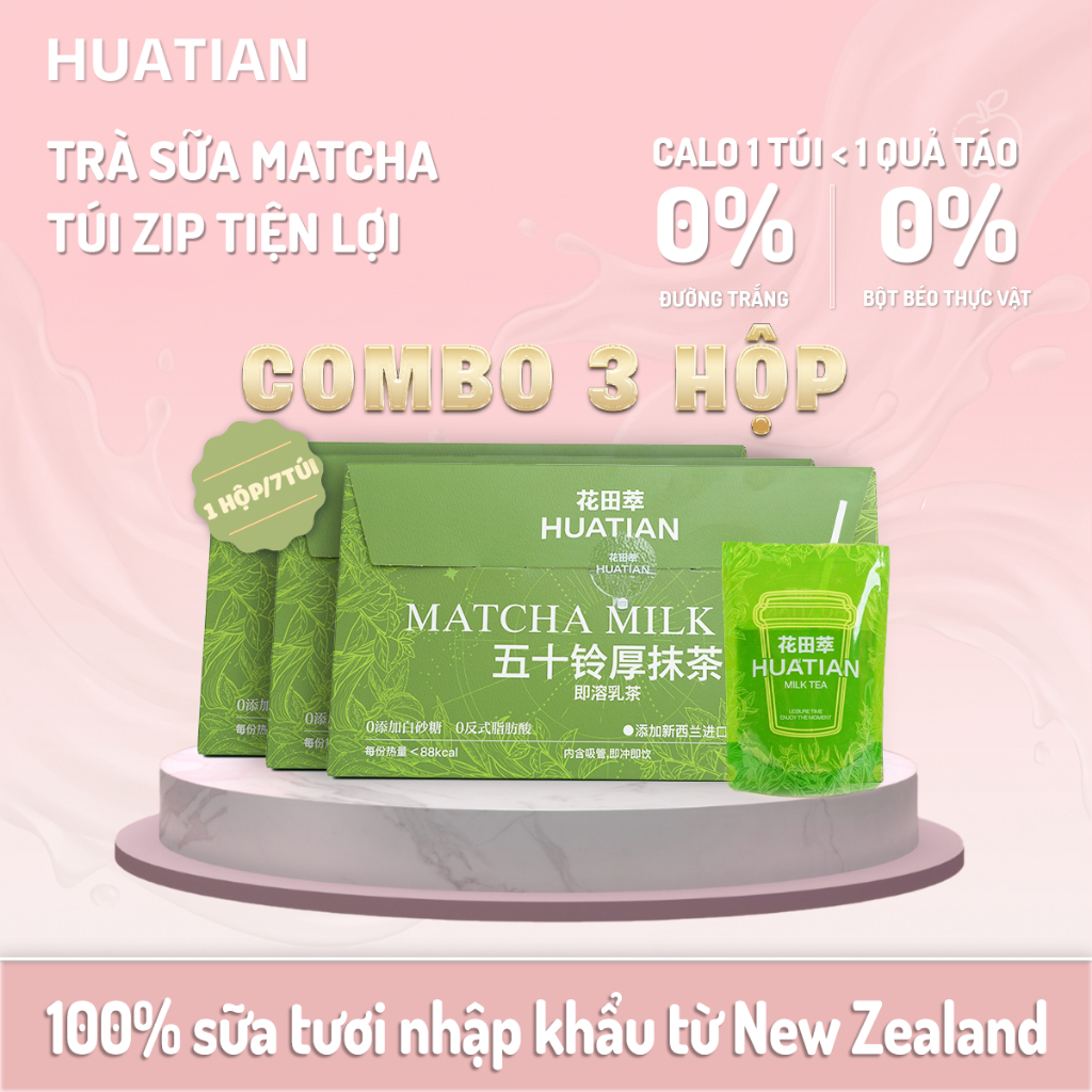 [ KÈM 1 Túi dùng thử ] COMBO 3 Hộp Trà Sữa Túi Zip HUATIAN Vị Matcha, Trà Sữa Kcal Ít Kcal