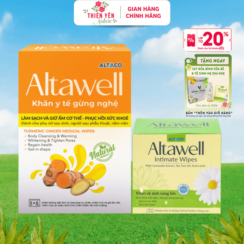 [ Combo cho mẹ đi sinh Altawell ] Khăn lau gừng nghệ vệ sinh giữ ấm cơ thể, nước rửa bình sữa Fuwa3e